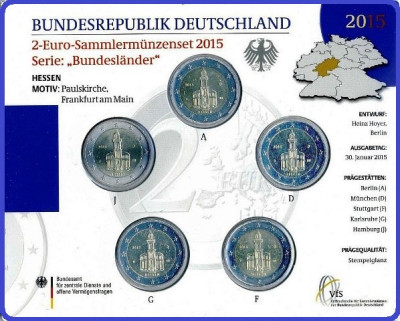 GERMANIA 2015 - 5 x 2 euro com. Sf Paul Frankfurt am Main -A,D,F,G,J -blister/BU foto