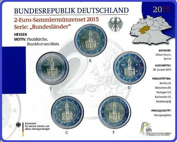 GERMANIA 2015 - 5 x 2 euro com. Sf Paul Frankfurt am Main -A,D,F,G,J -blister/BU