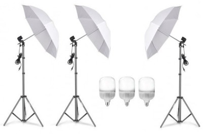 Kit de 3 umbrele albe, 3 trepiezi reglabili 200 cm, 3 becuri LED 25W foto