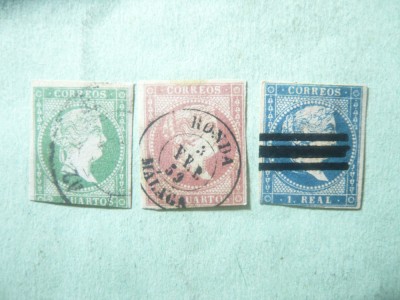 3 Timbre Spania 1856 Isabela II ,2cs , 4cs si 1 real . nedantelat stampilat foto