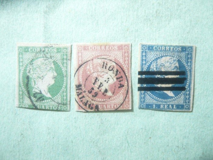 3 Timbre Spania 1856 Isabela II ,2cs , 4cs si 1 real . nedantelat stampilat