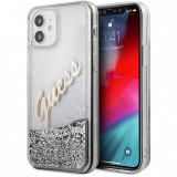 Husa Plastic - TPU Guess Liquid Glitter Vintage Script pentru Apple iPhone 12 mini, Argintie GUHCP12SGLVSSI