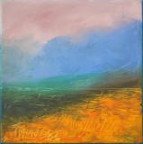 Pictură originală ulei pe p&acirc;nză &bdquo;Deal auriu sub cerul roz de dimineață&rdquo; 20x20 cm, pe șasiu. Certificat cu semnătura și ștampila artistului