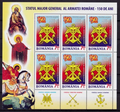 RO 2009 ,LP 1849a ,&amp;quot;Statul Major -150 ani &amp;quot; mcoala de 6+3tabs+manseta ,MNH foto