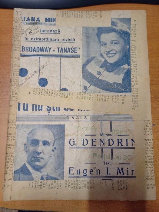 AS - PARTITURA - MUZICA G.DENDRINO, TEXT EUGEN MIREA - TU NU STII CE MULT AM PLANS, VALS, pt voce si pian