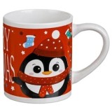 Cana de Craciun din Ceramica cu Model Om de Zapada si Pinguin, 220ml, Rosu, CMCLASS
