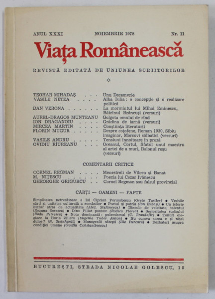 VIATA ROMANEASCA , REVISTA EDITATA DE UNIUNEA SCRIITORILOR , ANUL XXXI , NR. 11 , NOIEMBRIE , 1978