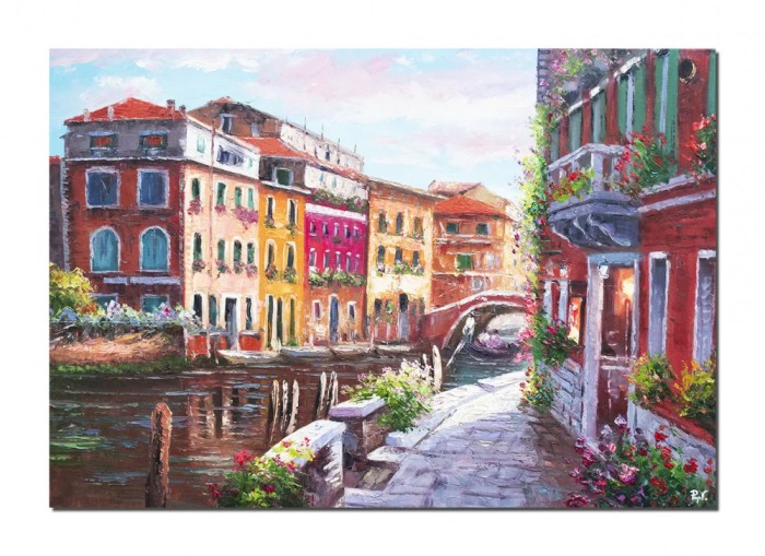 Tablou pictat manual living, La Venetia, stilizat, 100x70cm ulei pe panza in cutit efect 3D, Valentin Pop
