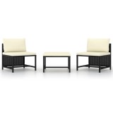 Set mobilier gradina Gossi, 3 piese, poliratan negru, cu perne incluse, canapea, taburet, exterior, relaxare