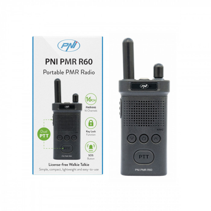 Statie radio portabila PNI PMR R60 446MHz, 0.5W, Scan, blocare taste, SOS, Monitor, acumulator 1200mAh