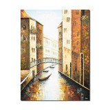 Tablou canal cu barci in Venetia pictat manual 120x90cm ulei pe panza in cutit efect 3D, gata de agatat pe perete