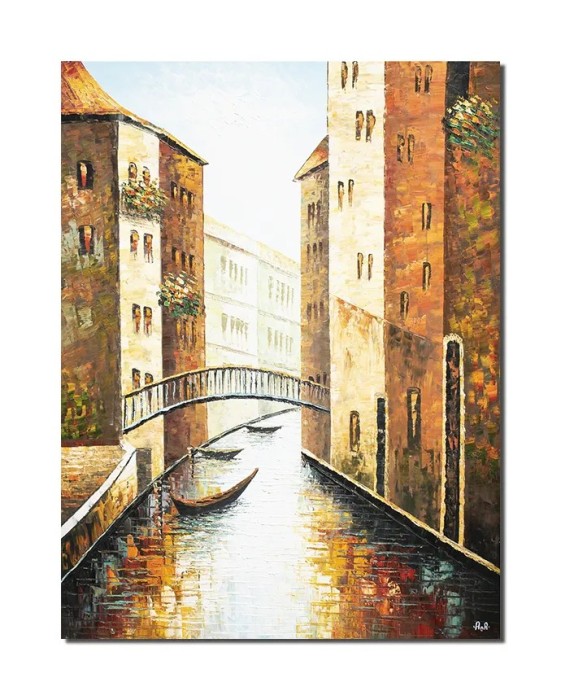 Tablou canal cu barci in Venetia pictat manual 120x90cm ulei pe panza in cutit efect 3D, gata de agatat pe perete