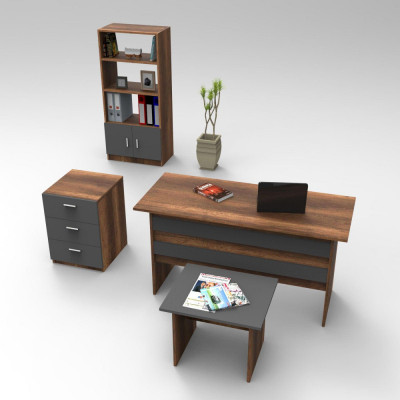 Set de mobilier de birou Clabber, Alb - Stejar - Nuc, 4 piese Biblioteca - Birou - Masa - Rollbox foto