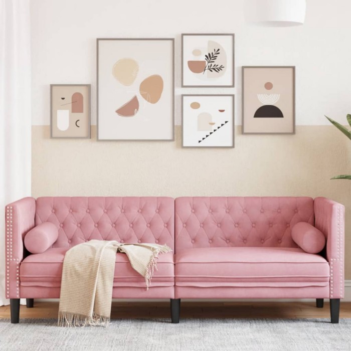 Gossi canapea chesterfield cu pernute/3 locuri, roz, catifea