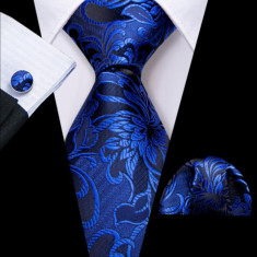 Set cravata albastra + batista + butoni - matase - model 610