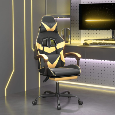 Scaun de gaming cu suport picioare negru auriu, piele ecologica foto
