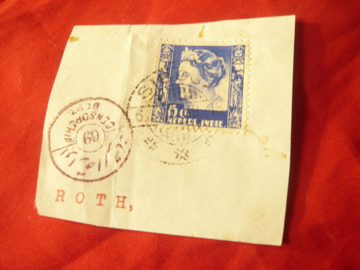 Timbru Indiile Olandeze R.Wilhelmina 1934 ,val.15C albastru ,pe fragment ,stamp