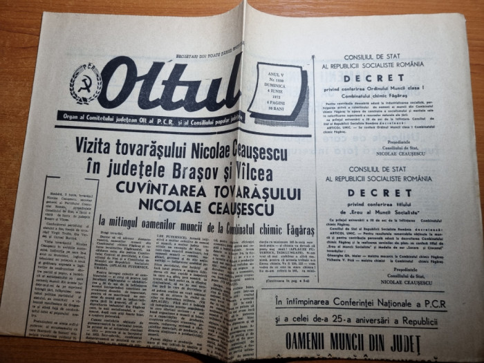 ziarul oltul 4 iunie 1972-vizita lui ceausescu in brasov si valcea,art. lotru