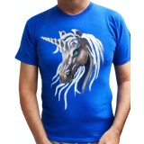 T5a. Tricou Love Pictat manual cu un Inorog, fond albastru, marime M, bumbac
