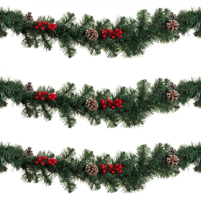 Ghirlandă Crăciun, Model Verde Berries Conuri, Lungime 2.7m, Lățime 26cm, Material Plastic