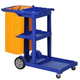 HOMCOM Cărucior de Curățenie Profesional cu 3 Rafturi, C&acirc;rlige pentru Mătură și Sac de 100L, Dimensiuni 121x50,5x96,5 cm, Albastru | Aosom Rom&acirc;nia