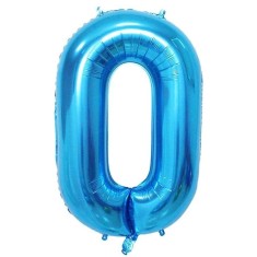 Balon din folie metalizata, flippy, figurina cifra, tema aniversare 80 cm, ambalaj individual, pai inclus, umflare cu aer sau heliu, albastru, cifra 0