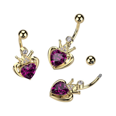 Piercing din oțel pentru buric - inimă cu cristal roz și coroană foto