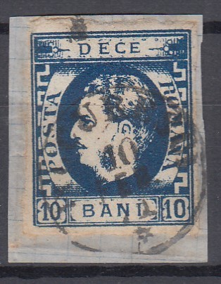 ROMANIA1869 LP 26 REGELE CAROL I CU FAVORITI VALOAREA 10 BANI ALBASTRU/FRAGMENT STAMPILAT