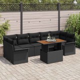 Set de canapele de grădină, 8 piese cu perne, din ratan sintetic negru și acacia