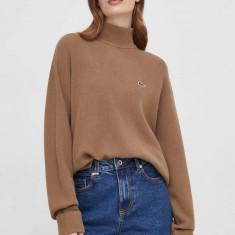 Lacoste pulover de lana femei, culoarea maro, cu turtleneck