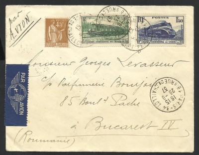 SERIE PE PLIC FRANTA / PARIS EXP. 1937 LA BUCURESTI PAR AVION FRUMOASE ANULARI foto