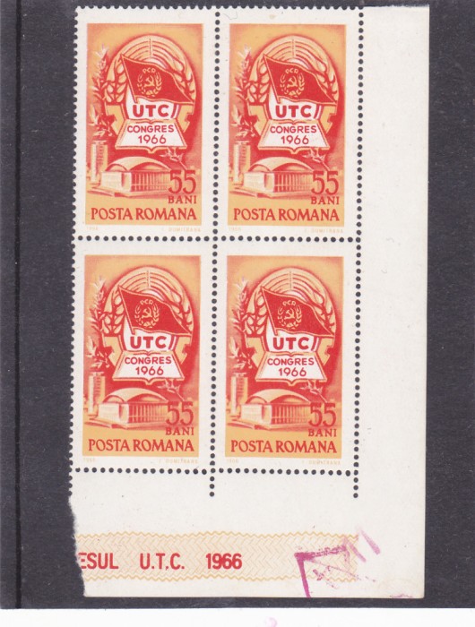 ROMANIA 1966 LP 625 AL IV - lea CONGRES U.TC.IN BLOC DE 4 TIMBRE,MNH