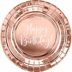 Set 6 farfurii de unica folosinta roz auriu Happy Birthday 18 cm foto