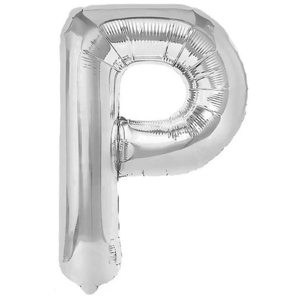 Balon folie metalizata litera p, flippy, 80 cm, umflati cu heliu sau aer, ambalaj individual, pai inclus, argintiu