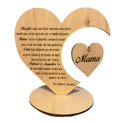 Decoratiune Te iubesc Mama, inima mesaj pentru mama, lemn natur, 20 cm foto