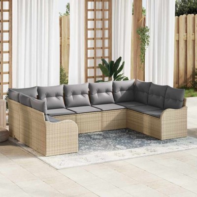 vidaXL Set de canapele pentru grădină cu pernă 9 pcs Bej Rattan poli foto