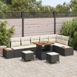 Set canapea grădină vidaXL 9 piese cu perne, ratan polimer negru, acacia