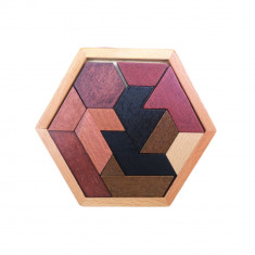 Puzzle hexagonal din lemn format din 11 piese, Jucarie educationala si interactiva pentru copii si adulti, cu diferite rezolvari foto