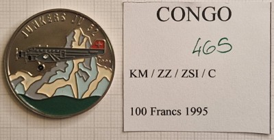 465 Congo, 1000 Francs CFA Junkers JU 52, 1995, KM#24 ,colorata, excelenta foto