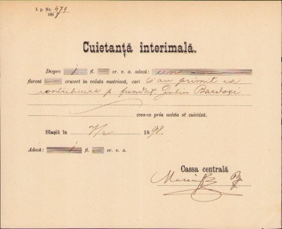 A1826 Chitanță, Blaj, 1898, Fundația Iuliu Bardoși foto