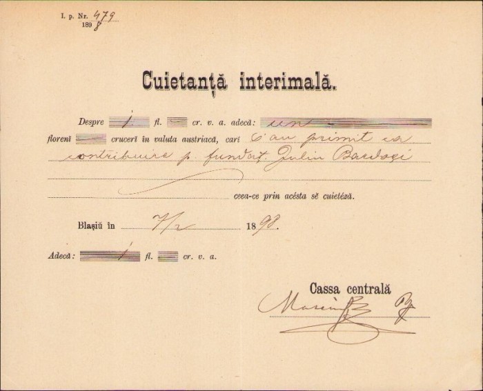 A1826 Chitanță, Blaj, 1898, Fundația Iuliu Bardoși