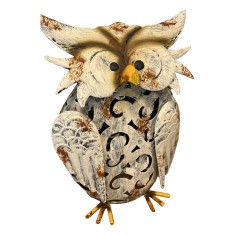 Decoratiune de Gradina cu Lampa solara, Model Bufnita, Iluminare Led si Incarcare Solara, 20.5 x 10 x 25.5 cm, din Fier, Gri Alb