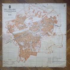 PLANUL COMUNEI URBANE TIMISOARA / Harta orasului Timisoara, scara 1:15000, Litografiat I. C. FRIMU, Timisoara, 1949, 59 x 60 cm
