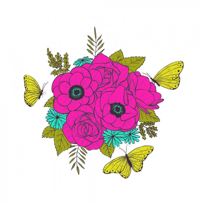Sticker decorativ, Buchet de flori, Roz turcoaz, 60 cm, 1170ST-16