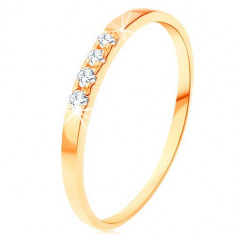 Inel din aur 585 - linie cu patru diamante transparente, brațe subțiri - Marime inel: 55