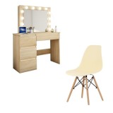 Cumpara ieftin Masa de toaleta/machiaj + Scaun stil scandinav, Artool, stejar, cu oglinda si LED-uri, 94x43x141 cm