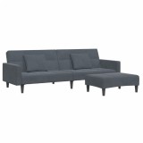 Canapea extensibila cu taburet, 2 locuri, gri inchis, catifea