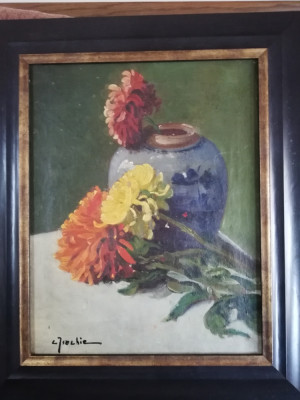 Tablou C-tin Isachie Popescu ,&amp;quot;Crizanteme&amp;quot;,40x30 cm,ulei/panza,semnat,inramat foto