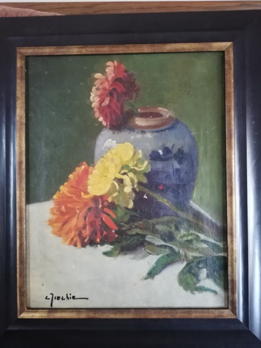 Tablou C-tin Isachie Popescu ,&quot;Crizanteme&quot;,40x30 cm,ulei/panza,semnat,inramat