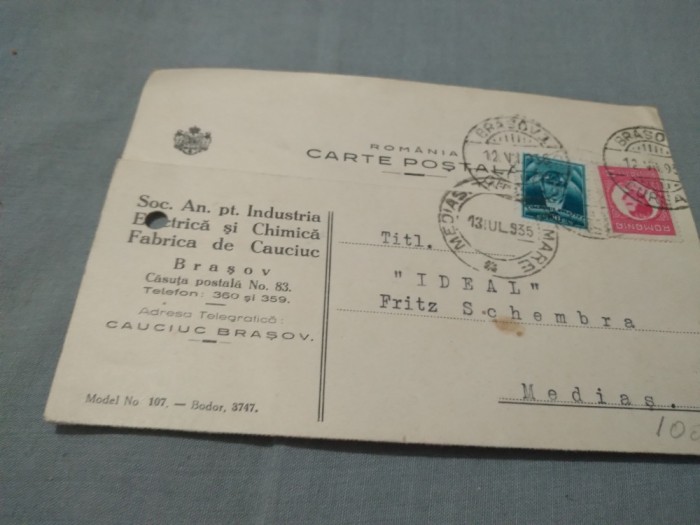 CARTE POSTALA - FABRICA DE CAUCIUC CIRCULATA 1935